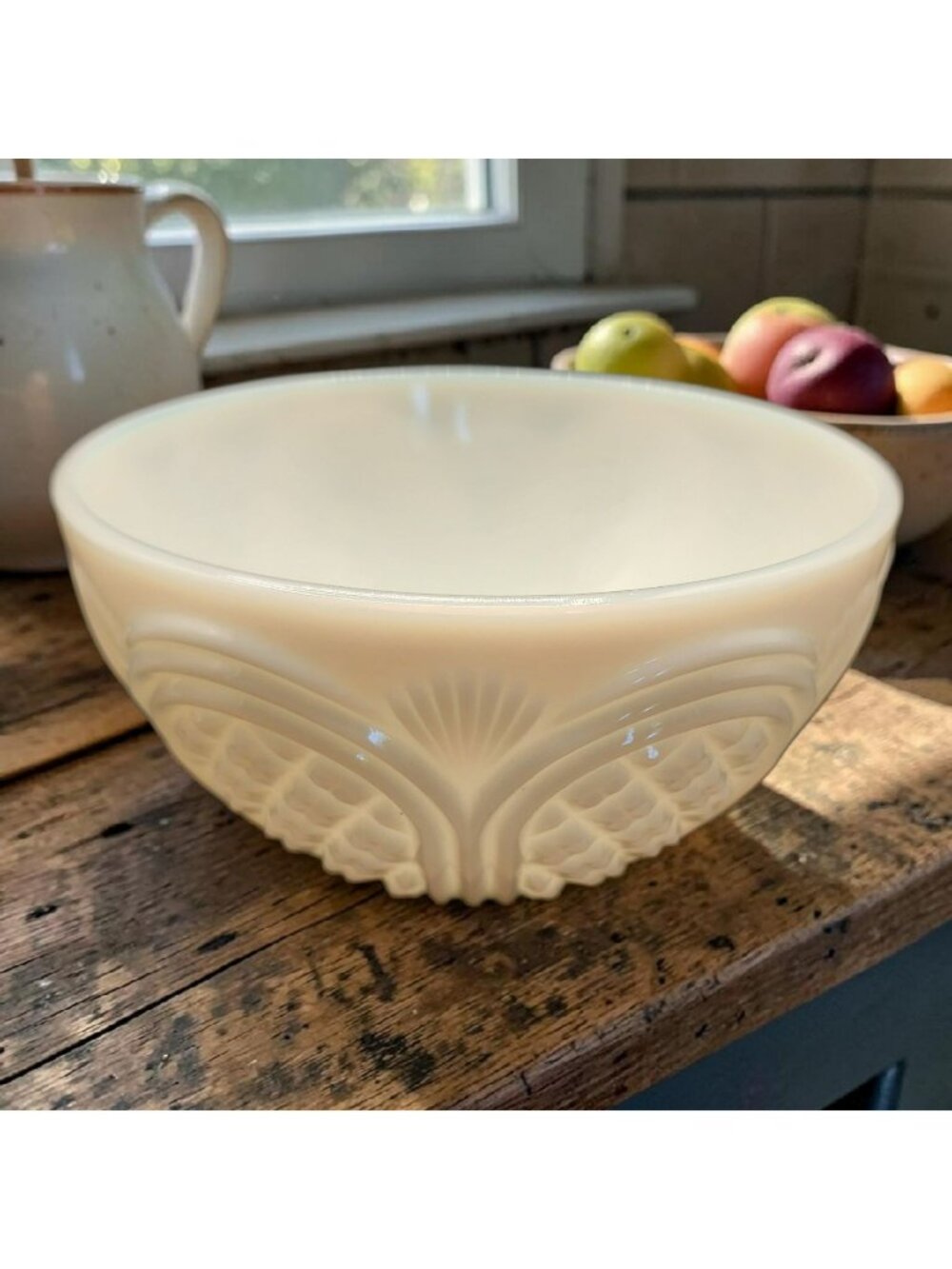 Antique Milk Glass Bowl With Embossed Diamond & Fan Pattern